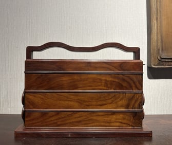 A Rare Huanghuali wood Auspicious Cloud and Dragon Pattern Lunch Box,Inlaid Gems