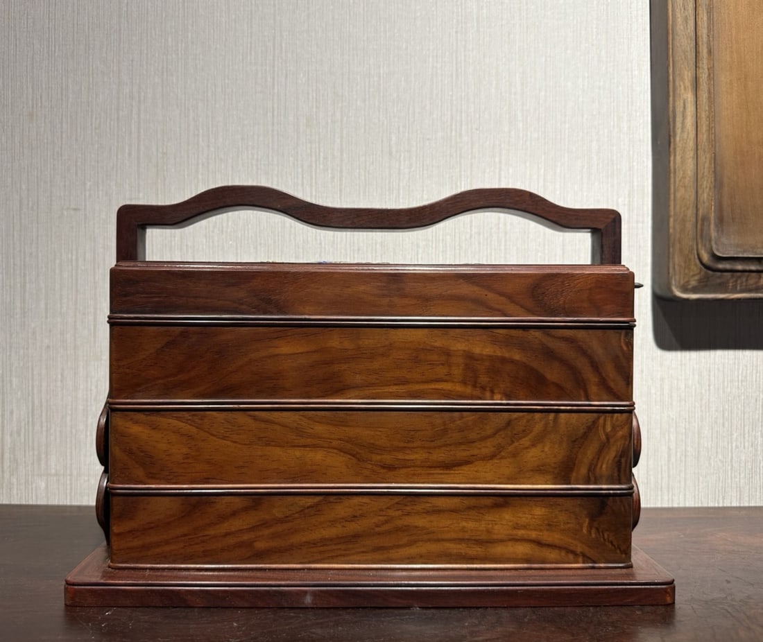 A Rare Huanghuali wood Auspicious Cloud and Dragon Pattern Lunch Box,Inlaid Gems (1 of 9)