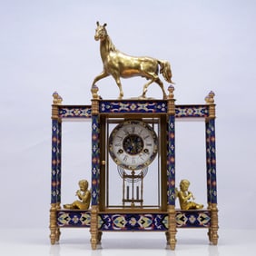 An Exquisite Cloisonne Flower Pattern Figure Table Clock Ornament