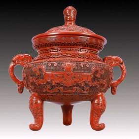 A Rare Carved Red Lacquer Beast-Face Pattern Double-Ears and Tripod Censer