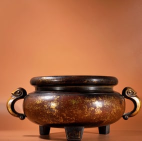 An Exquisite Bronze Sprinkled-Gold Double-Ears and Tripod Censer
