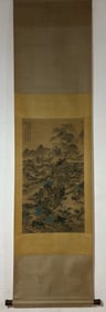 A Chinese Vertical Scroll Ink Painting of Landscape and Figure on Silk,Wu Li