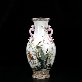 A Rare Enamel Painted Gold Flower and Bird Pattern Double-Ears Vase