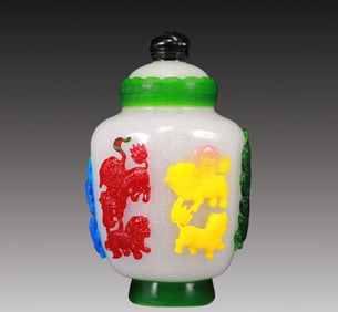 A Multi-Color Overlay White Glass 'Flower, Bird, Figure' Jar And Cover