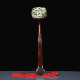 An Exquisite Huanghuali Wood Inlaid Jade Ruyi