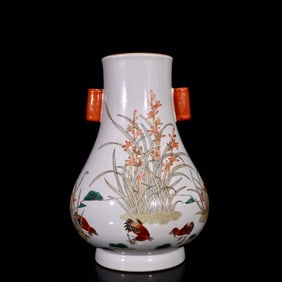 An Exquisite Famille-Rose Painted Gold Flower and Rooster Pattern Double-Ears Vase,With Poem