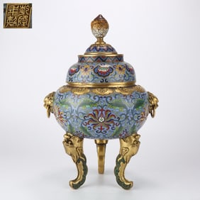 A Rare Cloisonne Lotus Pattern Beast-Ears Tripod Censer