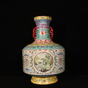 A Rare Enamel Painted Gold Landscape Pattern Double-Ears Vase