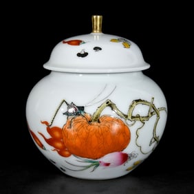 An Exquisite Enamel Melon and Fruit Pattern with Cover Jar,With Poem