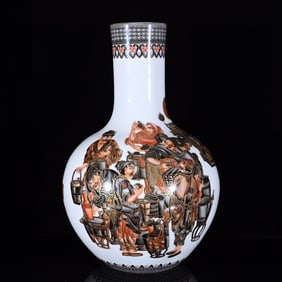 A Huge Iron-Red Ink Color Character and Story Pattern Vase,With Poem