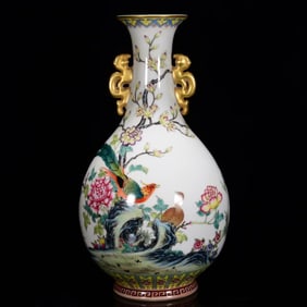An Exquisite Famille-Rose Gilt Flower and Bird Pattern Double-Ears Vase,with Poem