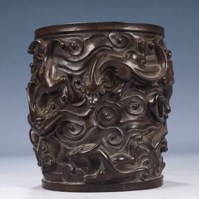 An Exquisite Zitanwood Auspicious Cloud and Dragon Pattern Brush Pot