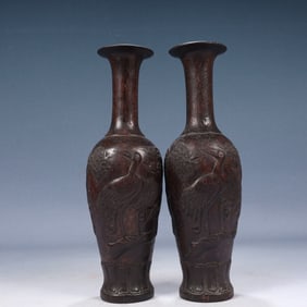 A Pair of Rare Zitanwood Pine and Crane Pattern Vases