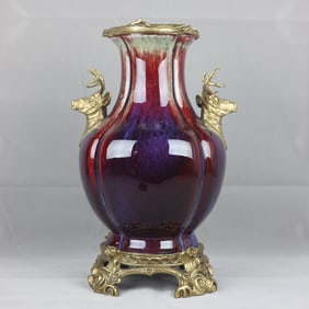 A Huge Flambe Glazed Inlaid Bronze Deer-Ears Vase