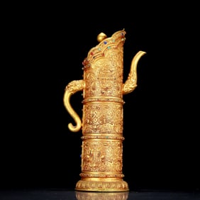 A huge gilt bronze ewer with floral and dragon patterns