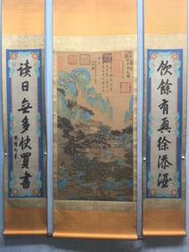 A Set of Chinese Vertical Scroll Ink Painting of Landscape and Figure on Silk