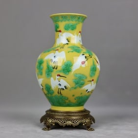 An Exquisite Yellow Ground Biscuit Auspicious Cloud and Crane Pattern Inlaid Bronze Vase