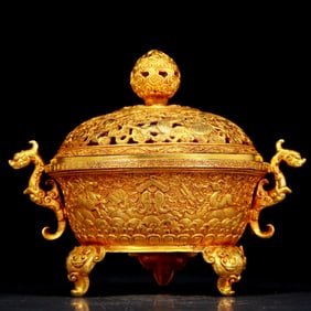 An exquisite gilt bronze censer with tripod and double ears and dragon pattern