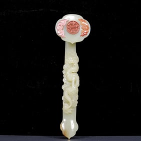 An Exquisite White Jade Bats and Peach and Dragon Pattern Ruyi