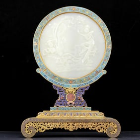 A Huge Cloisonne Inlaid White Jade Figure Pattern Table Screen