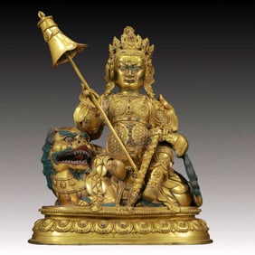 A Solemn Gilt Bronze Inlaid Gems Statue of Mammon Rides the Lion