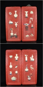 A Set of Huge Carved Red Lacquer Bogu Pattern Hanging Panels,Inlaid Gems