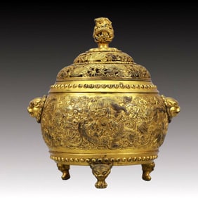A Solemn Gilt Bronze Beast-Face Pattern Double-Ears and Tripod Censer