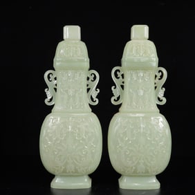 A Pair of Exquisite White Jade Flower Pattern Double-Ears Bottles