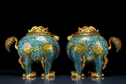 A Pair of Rare Cloisonne Unicorn Censers