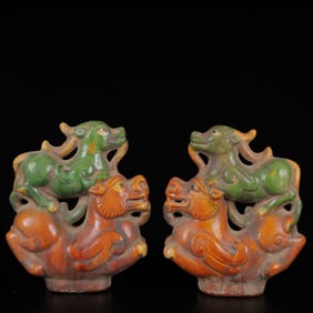 A Pair of Exquisite Tang Tri-Color Glazed Pottery Kylin Ornaments