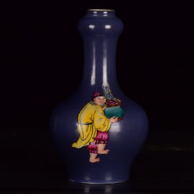 An Exquisite Blue Glazed Famille-Rose Painted Gold Figure Pattern Vase