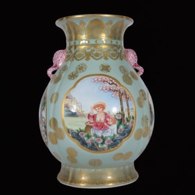 A Rare Enamel Celadon Glazed Painted Gold Character and Story Pattern Elephant-Ears Vase