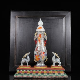 An Exquisite White Jade Inlaid Gems Character and Story Pattern Double-Ears Bottle,With a Pair of