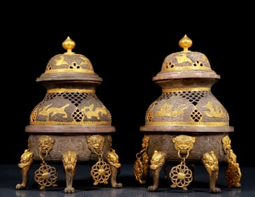 A pair of exquisite gilt bronze and silver dragon and phoenix pattern censers