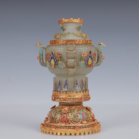 An Exquisite Filigree and Gilding Inlaid White Jade Double-Ears Censer,Inlaid Gems