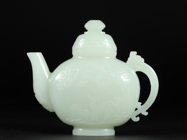 An Exquisite White Jade Pine and Crane Pattern Ewer