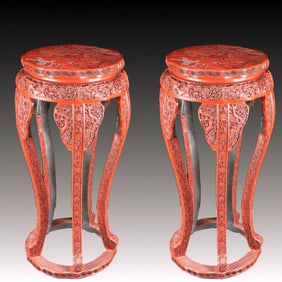 A Pair of Huge Carved Red Lacquer Landscape and Figure Pattern Stools