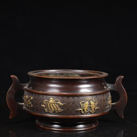 A Rare Bronze Eight Treasures Pattern Double-Ears Censer