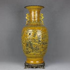 A Huge Yellow Ground Figure and Story Pattern Inlaid Bronze Double-Ears Vase?with Poem