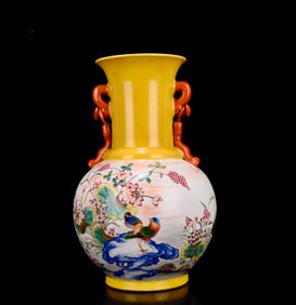 A Rare Famille-Rose Flower and Bird Pattern Double-Ears Vase,With Poem
