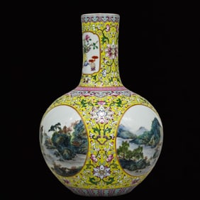 An Exquisite Yellow Ground Landscape Pattern Vase