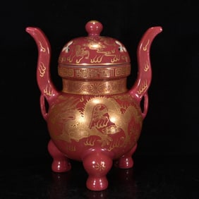 An Exquisite Ruby Red Glazed Painted Gold Dragon Pattern Double-Ears and Tripod Censer