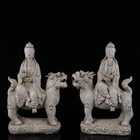 A Pair of Exquisite Blance-De-Chine Statues of Manjusri