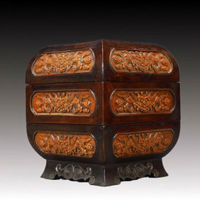 An Exquisite Zitanwood Inlaid Boxwood Cover Box