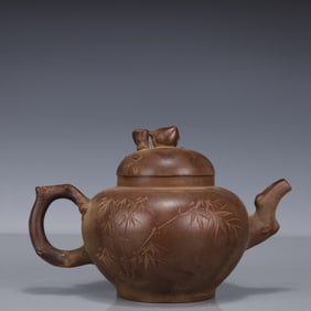 An Exquisite Purple Sands Bamboo Pattern Teapot, With poem