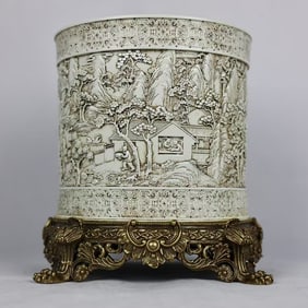 An Exquisite White Glazed Figure and Story Pattern Inlaid Bronze Brush Pot