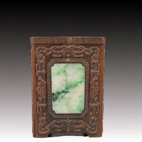 An Exquisite Eaglewood Inlaid Jadeite Brush Pot