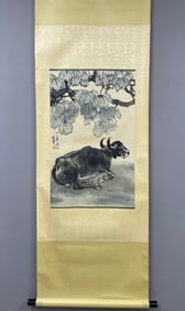 A Chinese Vertical Scroll Ink Painting of Buffalo on Paper