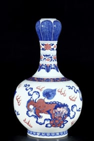 An Exquisite Blue and White Underglaze-Red Lion Pattern Vase