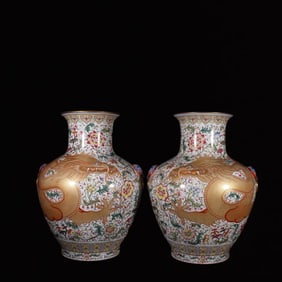 A Pair of Huge Famille-Rose Painted Gold Flower and Dragon Pattern Vases